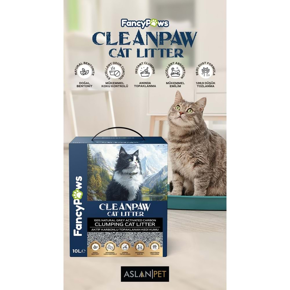 Fancy Paws Clean Paw Grey Aktif Karbon Bentonit Kedi Kumu 10 L Kutu