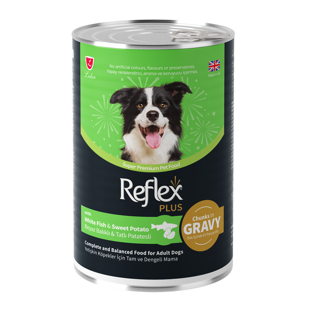 Reflex Plus Konserve Sos İçinde Et Parçacıklı Beyaz Balıklı Ve Tatlı Patatesli Yetişkin Köpek Maması 400 G