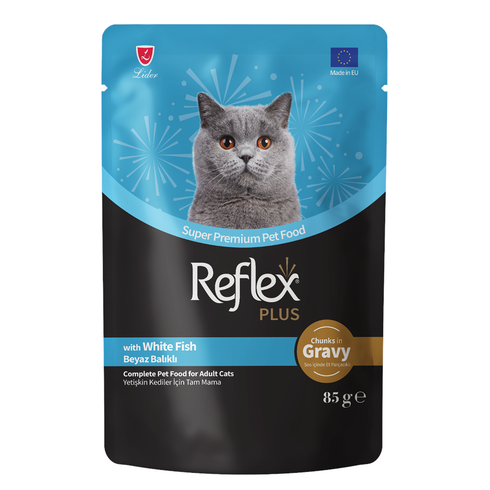 Reflex Plus Pouch Sos İçinde Et Parçacıklı Beyaz Balıklı Yetişkin Kedi Maması 85 G