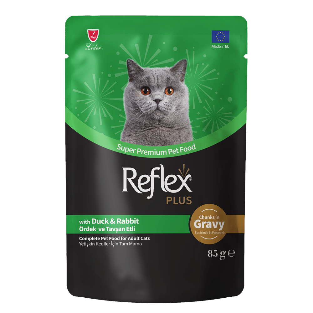 Reflex Plus Pouch Sos İçinde Et Parçacıklı Ördekli&Tavşanlı Yetişkin Kedi Maması 85 G