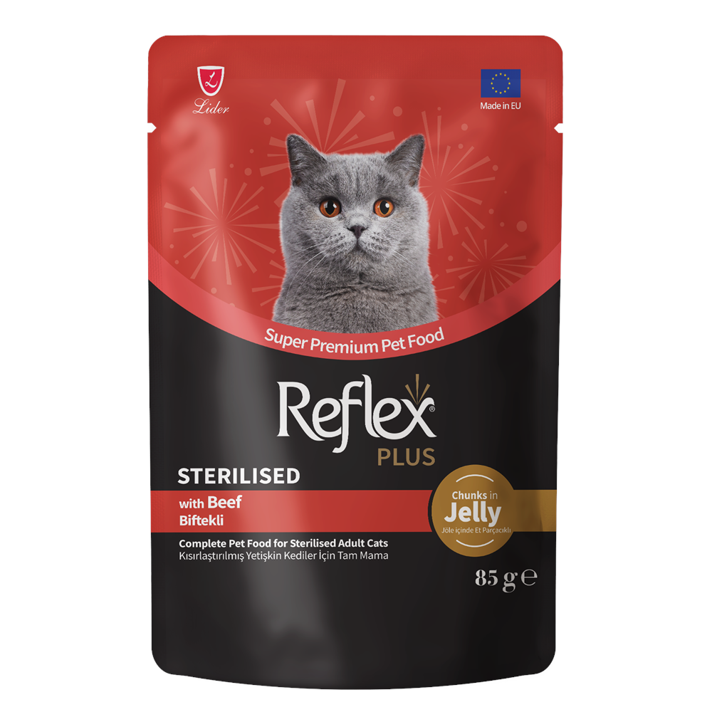 Reflex Plus Pouch Jöle İçinde Et Parçacıklı Biftekli Kısırlaştırılmış Yetişkin Kedi Maması 85 G