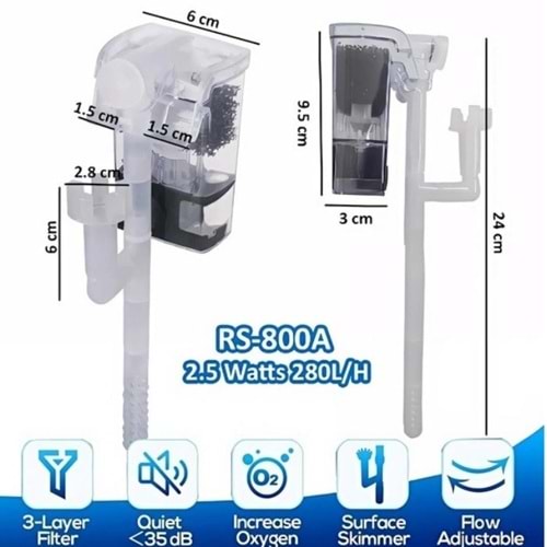 Rs-800A Askı Filtre 280L/H 2.5W 59X67X95mm