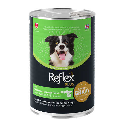 Reflex Plus Konserve Sos İçinde Et Parçacıklı Beyaz Balıklı Ve Tatlı Patatesli Yetişkin Köpek Maması 400 G