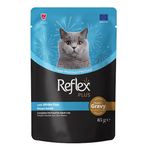 Reflex Plus Pouch Sos İçinde Et Parçacıklı Beyaz Balıklı Yetişkin Kedi Maması 85 G