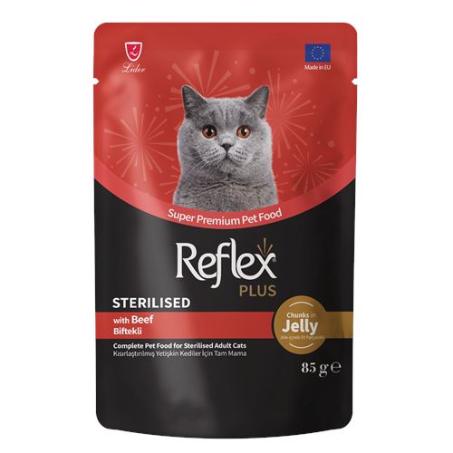 Reflex Plus Pouch Jöle İçinde Et Parçacıklı Biftekli Kısırlaştırılmış Yetişkin Kedi Maması 85 G