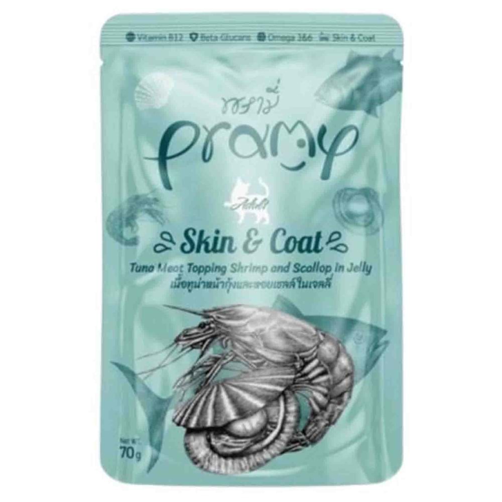 Pramy Pouch Jöle İçinde Karidesli, Deniz Taraklı Ve Ton Balıklı Yetişkin Kedi Maması 70 G